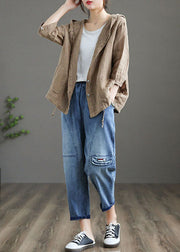 Handmade Dark Khaki Pockets Patchwork Linen Thin Hoodie Coat Summer