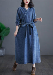 Handmade Denim Blue V Neck Patchwork Tie Waist Party Long Dress Long Sleeve