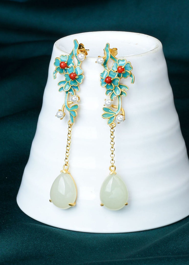 Handmade Droplet Shape Jade Tassel Drop Earrings