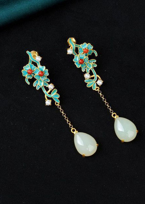 Handmade Droplet Shape Jade Tassel Drop Earrings