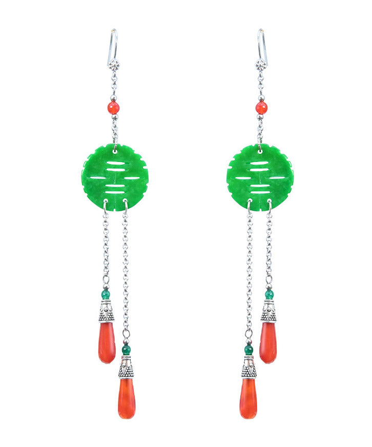 Handmade Dry Green Sterling Silver Jade Agate Drop Earrings