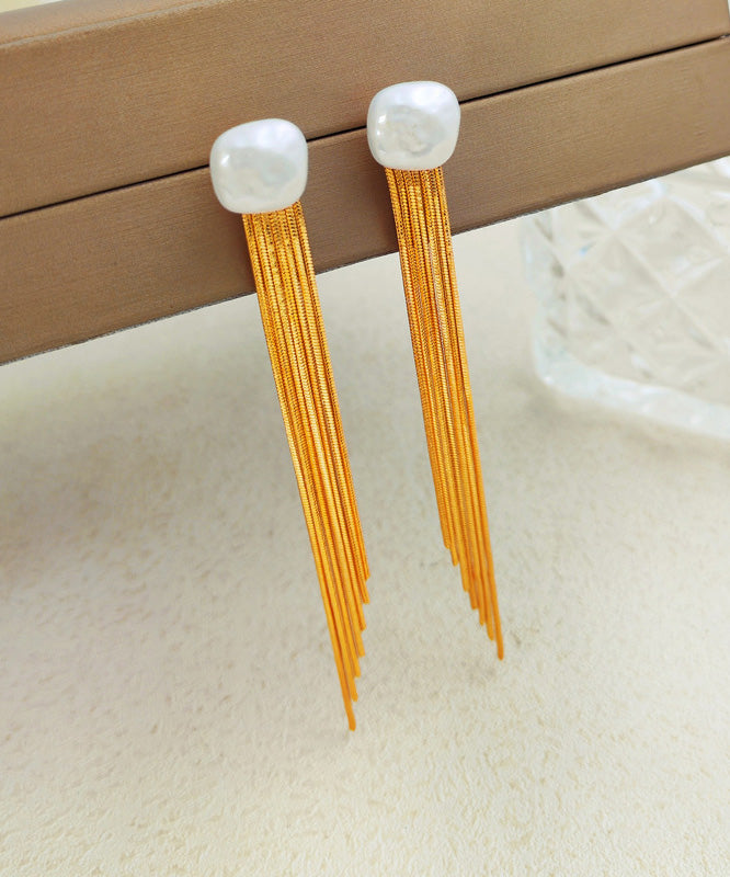 Handmade Gold Copper Tassel Pearl Stud Earrings