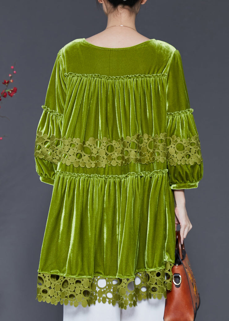 Handmade Grass Green Oversized Patchwork Silk Velvet Dresses Spring