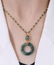 Handmade Green Alloy Inlaid Gem Stone Bamboo Joint Pendant Necklace