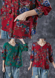 Handmade Green Asymmetrical Print Linen Shirt Tops Fall