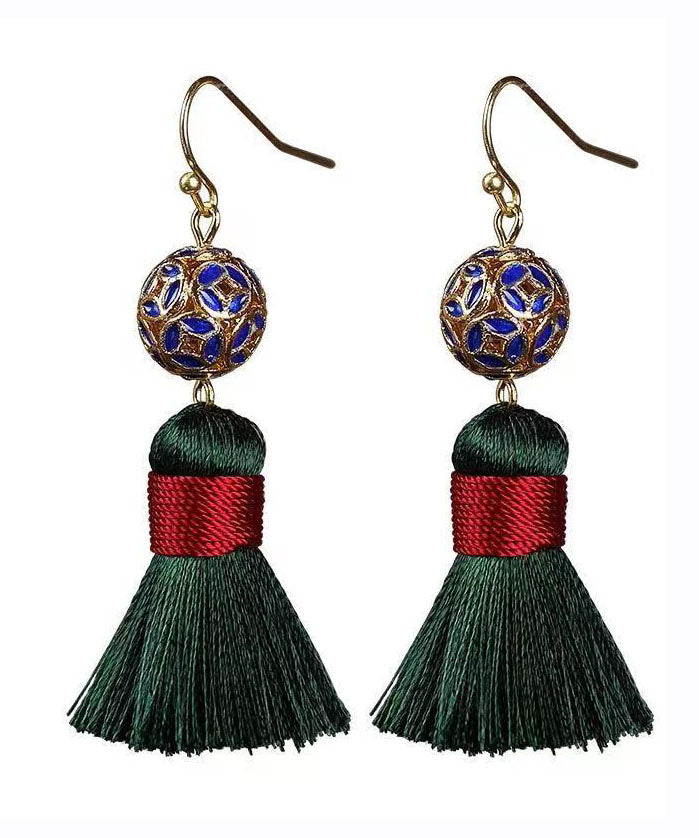 Handmade Green Copper Cloisonne Silk Thread Drop Earrings