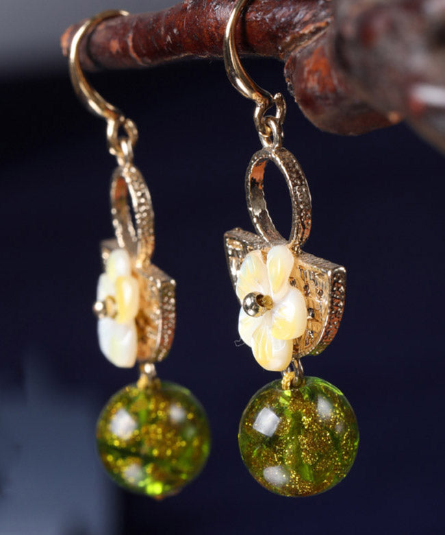 Handmade Green Copper Glaze Shell Flower Floral Drop Earrings