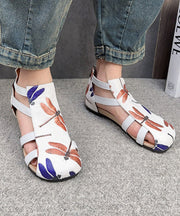 Handmade Green Cowhide Leather Embossed Hollow Out Splicing Sandals