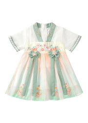 Handmade Green Embroideried Patchwork Chiffon Baby Girls Dresses Summer