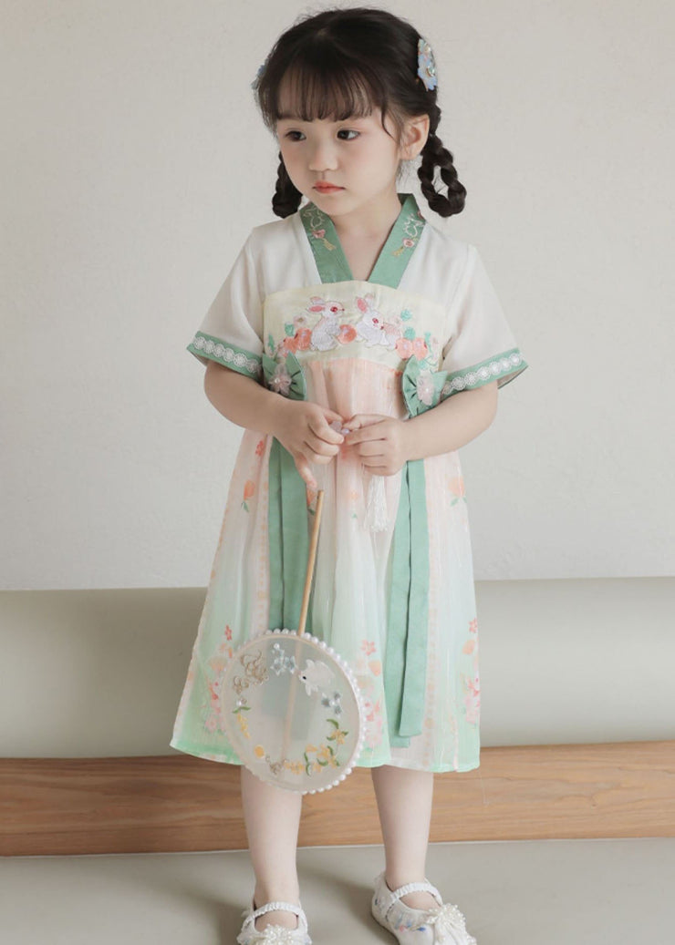 Handmade Green Embroideried Patchwork Chiffon Baby Girls Dresses Summer