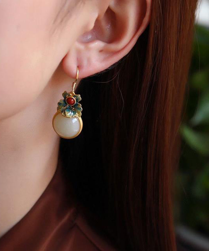 Handmade Green Floral Silver Jade Drop Earrings