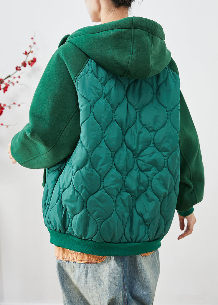 Handmade Green Hooded Patchwork Fine Cotton Filled Puffer Jacket Winter