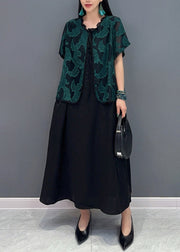 Handmade Green O-Neck Print Fake Two Pieces Long Dress Summer