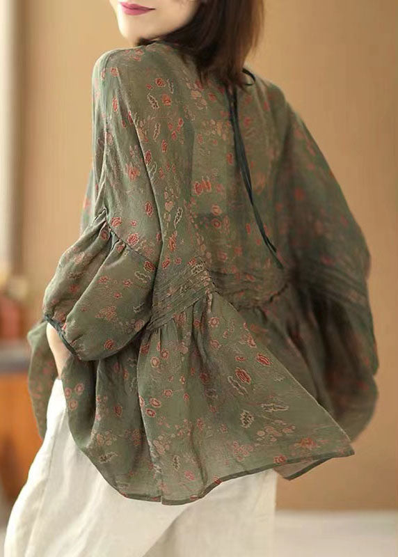 Handmade Green O Neck Print Wrinkled Patchwork Cotton Top Summer