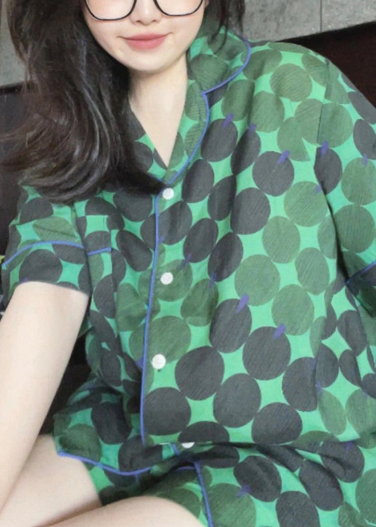 Handmade Green Peter Pan Collar Dot Print Button Ice Silk Pajamas Two Pieces Set Summer