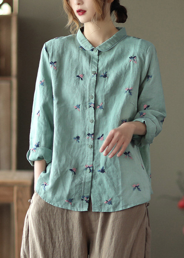 Handmade Green Peter Pan Collar Embroideried Linen Shirts Long Sleeve