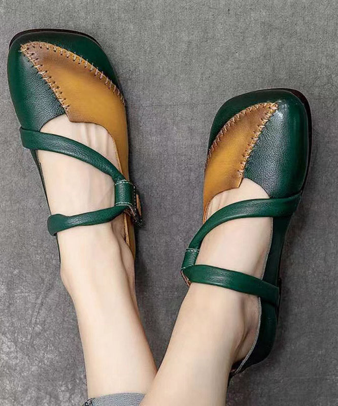 Handmade Green Splicing Buckle Strap Flat Shoes