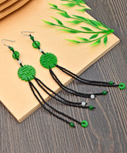 Handmade Green Sterling Silver Jade Tassel Glass Bea Drop Earrings