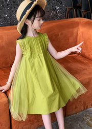 Handmade Green Tulle Patchwork Solid Cotton Kids Mid Dresses Sleeveless