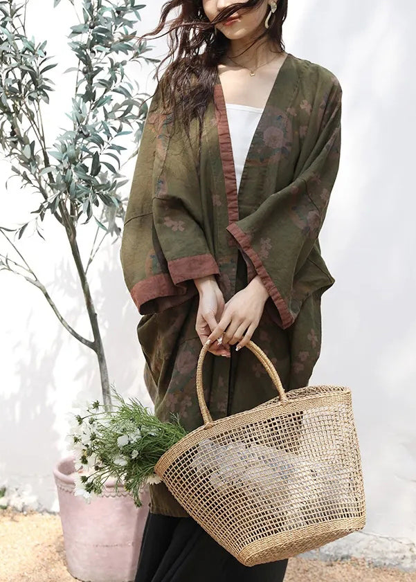 Handmade Green V Neck Print Linen Cardigans Long Sleeve