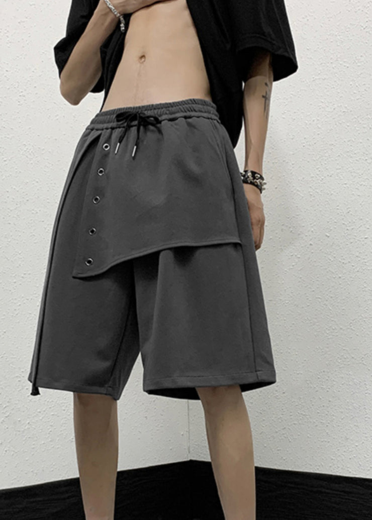 Handmade Grey Elastic Waist Patchwork Men Crop Pants