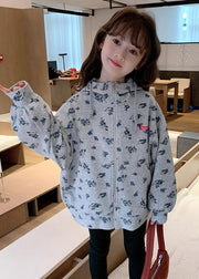 Handmade Grey Graphic Drawstring Kids Hooded Coat Fall