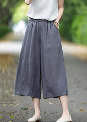 Handmade Grey Pockets Elastic Waist Linen Crop Pants Summer