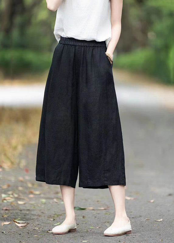 Handmade Grey Pockets Elastic Waist Linen Crop Pants Summer