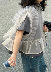 Handmade Grey Ruffled Patchwork Tulle Tops Short Sleeve