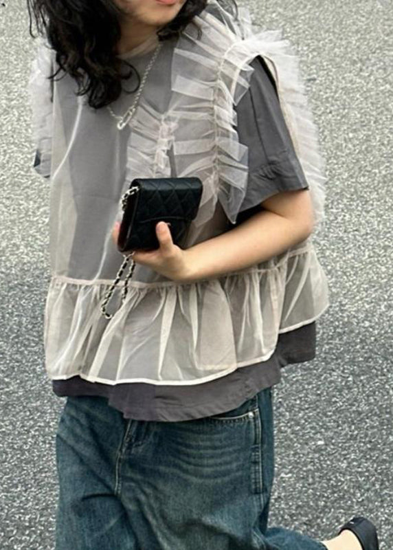 Handmade Grey Ruffled Patchwork Tulle Tops Short Sleeve