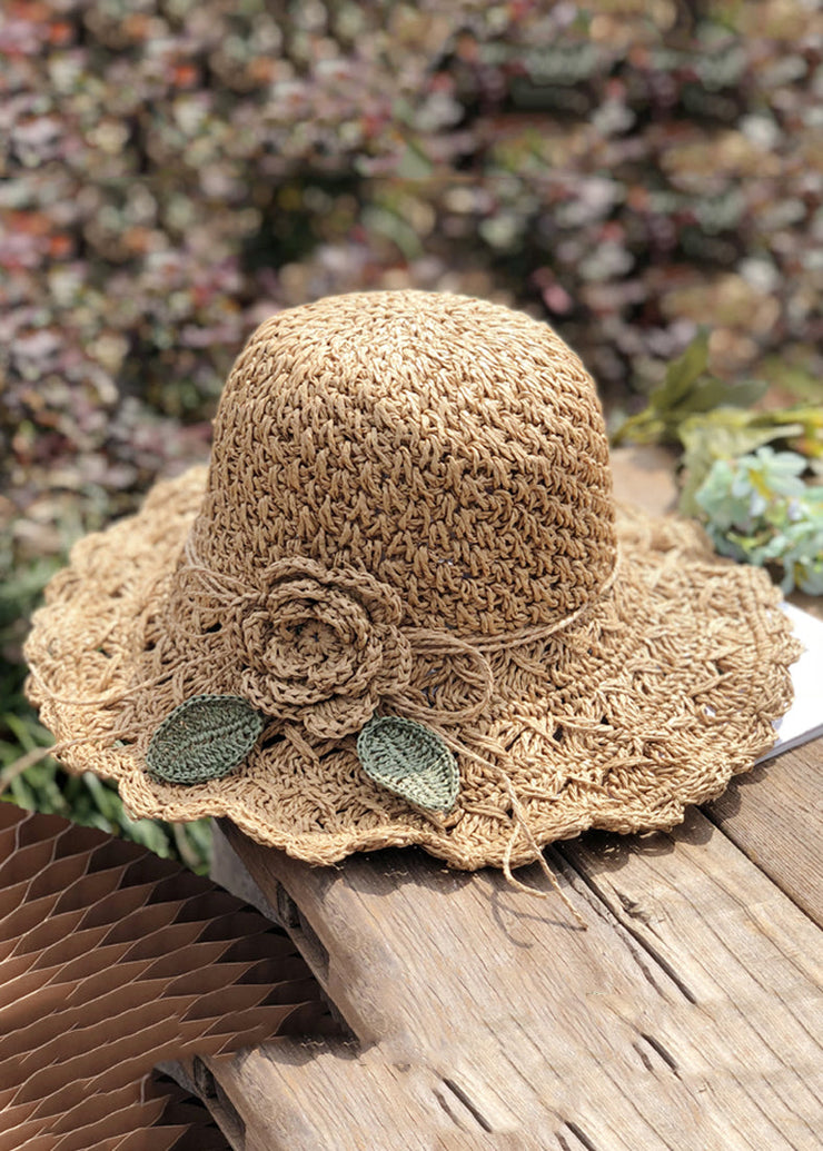 Handmade Khaki Floral Leaf Straw Woven Floppy Sun Hat