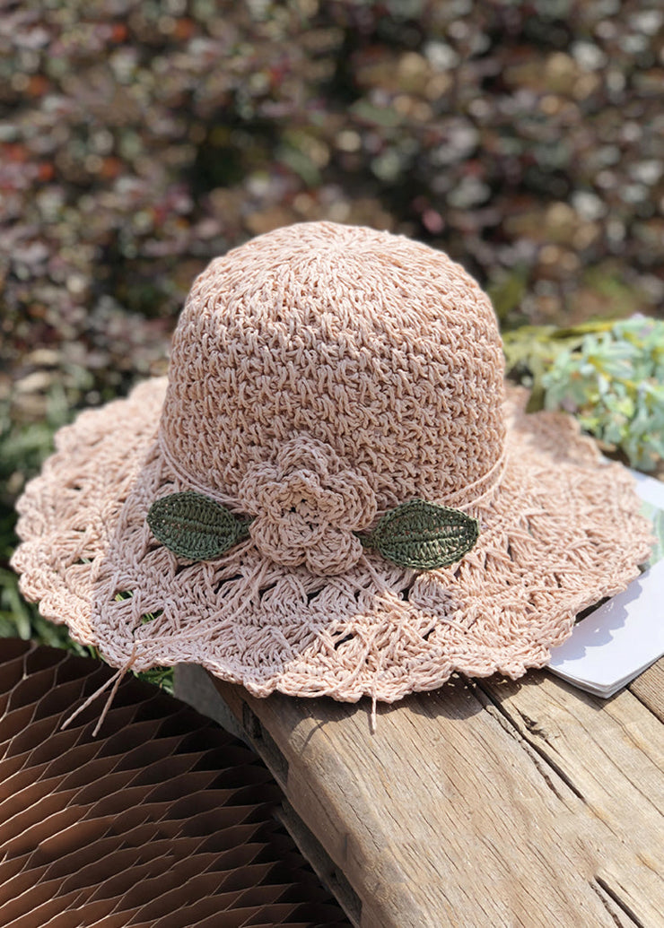 Handmade Khaki Floral Leaf Straw Woven Floppy Sun Hat