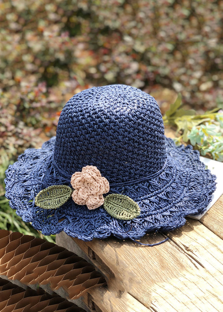 Handmade Khaki Floral Leaf Straw Woven Floppy Sun Hat