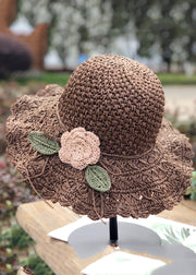 Handmade Khaki Floral Leaf Straw Woven Floppy Sun Hat