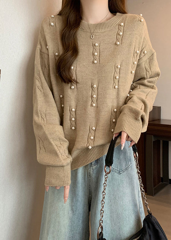 Handmade Khaki Oversized Nail Bead Knit Sweater Tops Fall