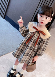 Handmade Khaki Plaid Bow Detachable Girls Mid Dresses Long Sleeve