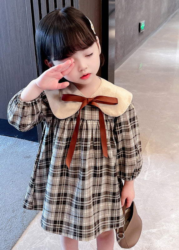 Handmade Khaki Plaid Bow Detachable Girls Mid Dresses Long Sleeve