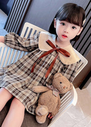 Handmade Khaki Plaid Bow Detachable Girls Mid Dresses Long Sleeve