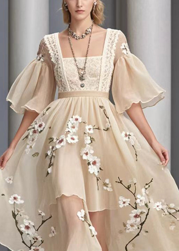 Handmade Khaki Plum Blossom Chiffon Vacation Dresses Summer