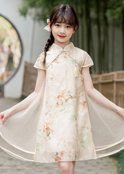 Handmade Light Blue Stand Collar Embroideried Button Tassel Tulle Patchwork Kids Maxi Dresses Short Sleeve