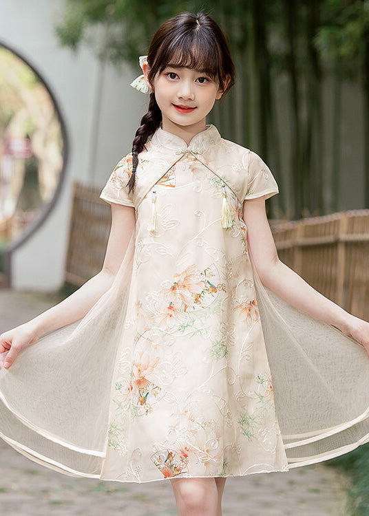 Handmade Light Blue Stand Collar Embroideried Button Tassel Tulle Patchwork Kids Maxi Dresses Short Sleeve