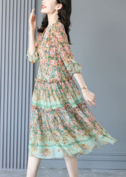 Handmade Light Green V Neck Ruffled Print Silk Dresses Summer