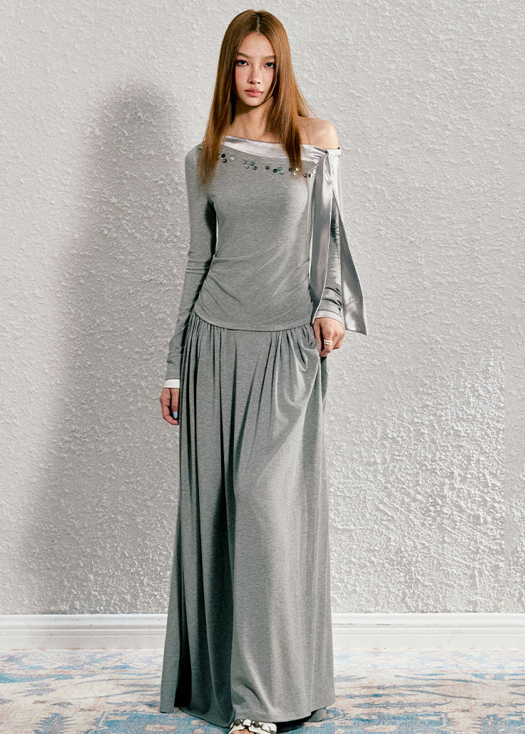 Handmade Light Grey Asymmetrical Patchwork Wrinkled Knit Long Dress Fall