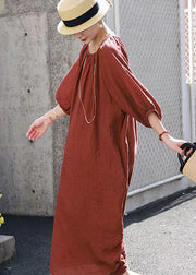 Handmade Loose Casual Orange O-Neck Linen Dress Summer