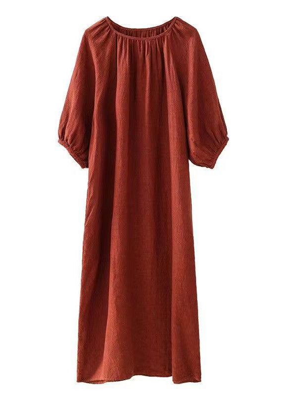 Handmade Loose Casual Orange O-Neck Linen Dress Summer