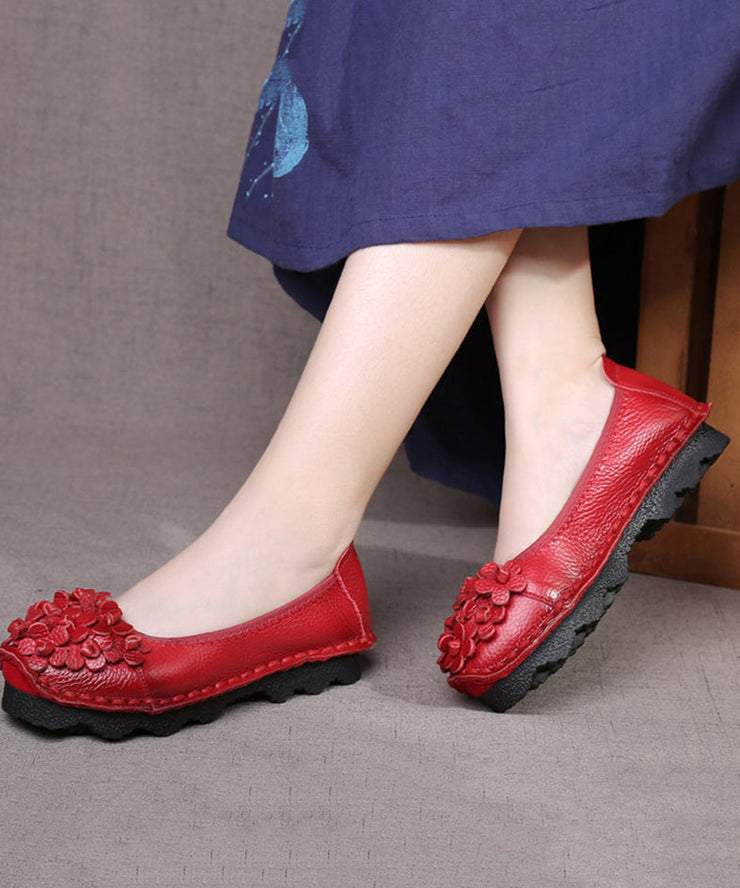 Handmade Mulberry Cowhide Leather Flower Splicing Flat Shoes