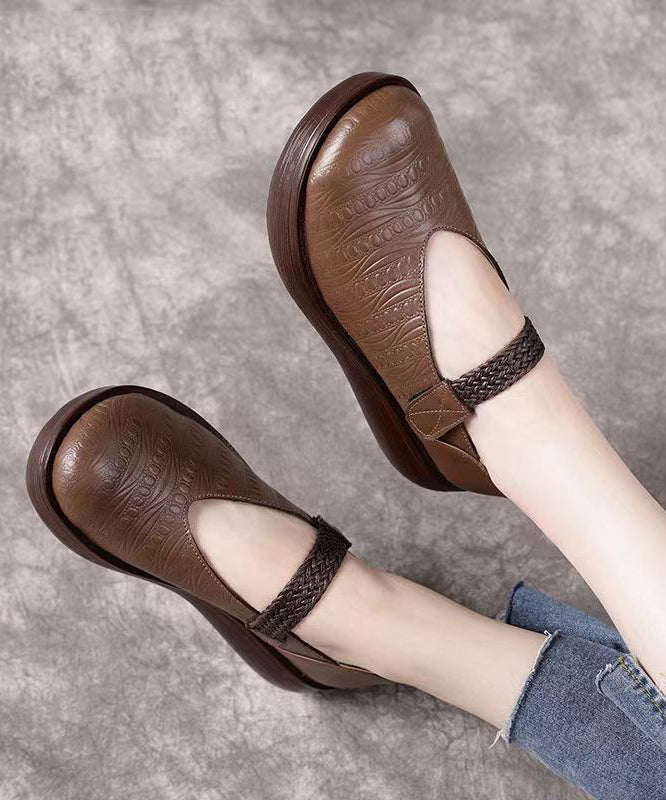 Handmade Mulberry Platform Cowhide Leather Lace Up Embossed Flat Shoes