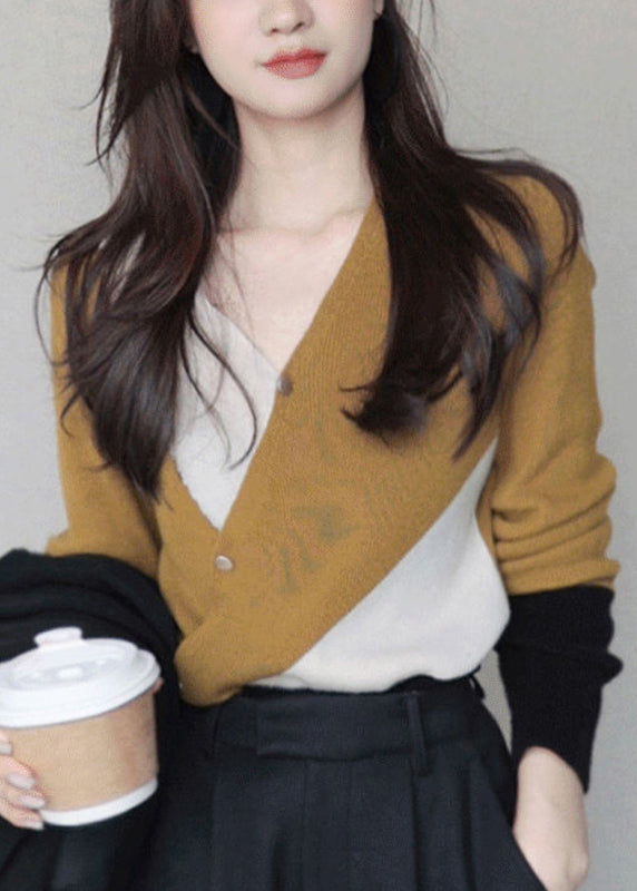 Handmade Mustard Yellow V Neck Patchwork Thick Cashmere Knit Sweaters Long Sleeve