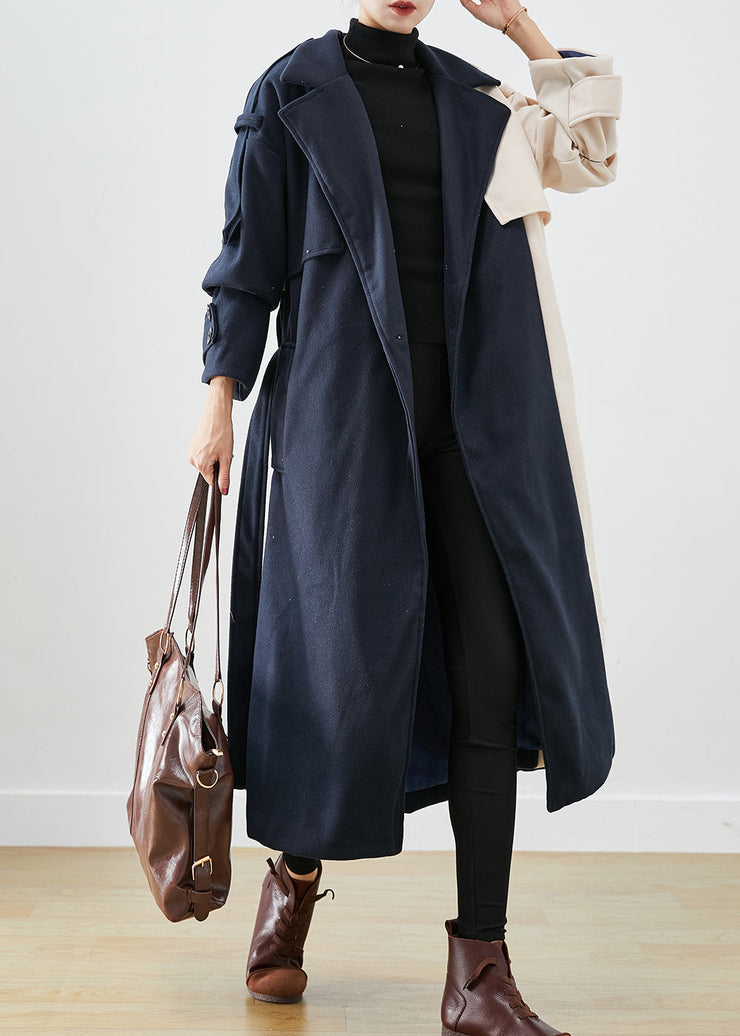 Handmade Navy Asymmetrical Patchwork Woolen Trench Coats Fall