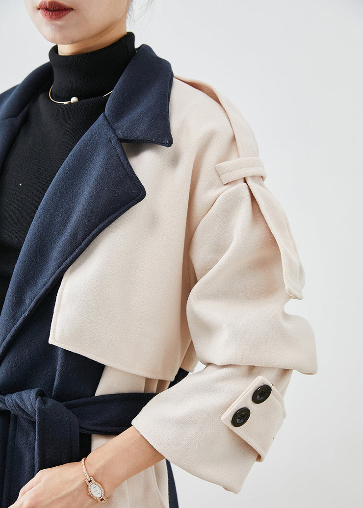 Handmade Navy Asymmetrical Patchwork Woolen Trench Coats Fall